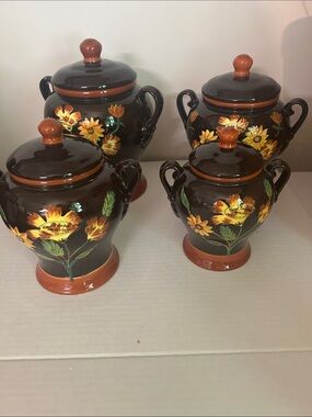 Hand-Painted Floral Ceramic Canister Set in Brown and Orange ACK set of 4